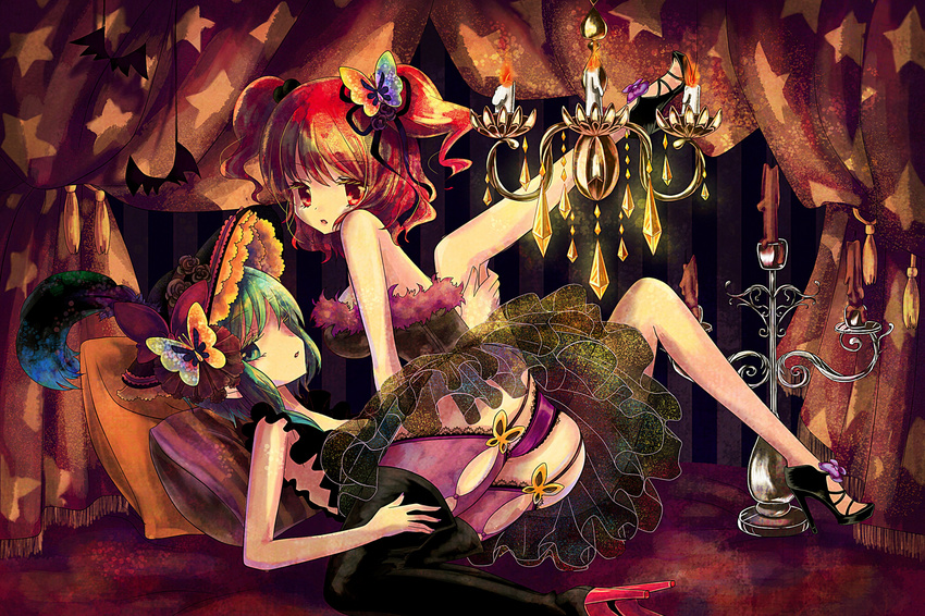 ass bat breasts bug butterfly candelabra candle chandelier curtains feathers flower frills garter_straps green_hair hat high_heels insect kinokobatake large_breasts looking_at_viewer multiple_girls onozuka_komachi panties pillow red_hair shiki_eiki shoes short_hair sideboob star touhou two_side_up underwear