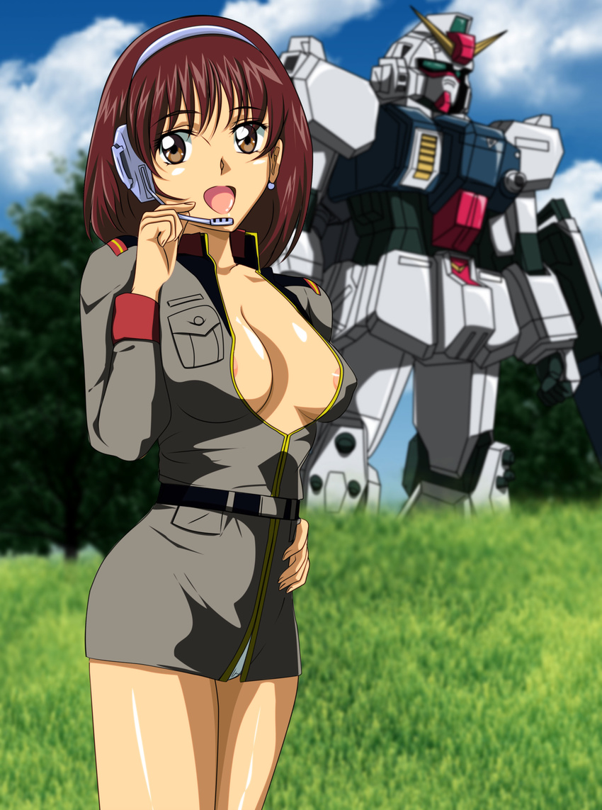 1girl absurdres areola_slip areolae belt breasts brown_eyes brown_hair earrings gentoku gentoku-88 grass ground_gundam gundam gundam_lost_war_chronicles headphone headphones highres jewelry looking_at_viewer mecha microphone military military_uniform no_bra noel_anderson open_clothes open_clothing open_mouth open_shirt panties pantyshot shirt short_hair sky smile solo tree underwear uniform