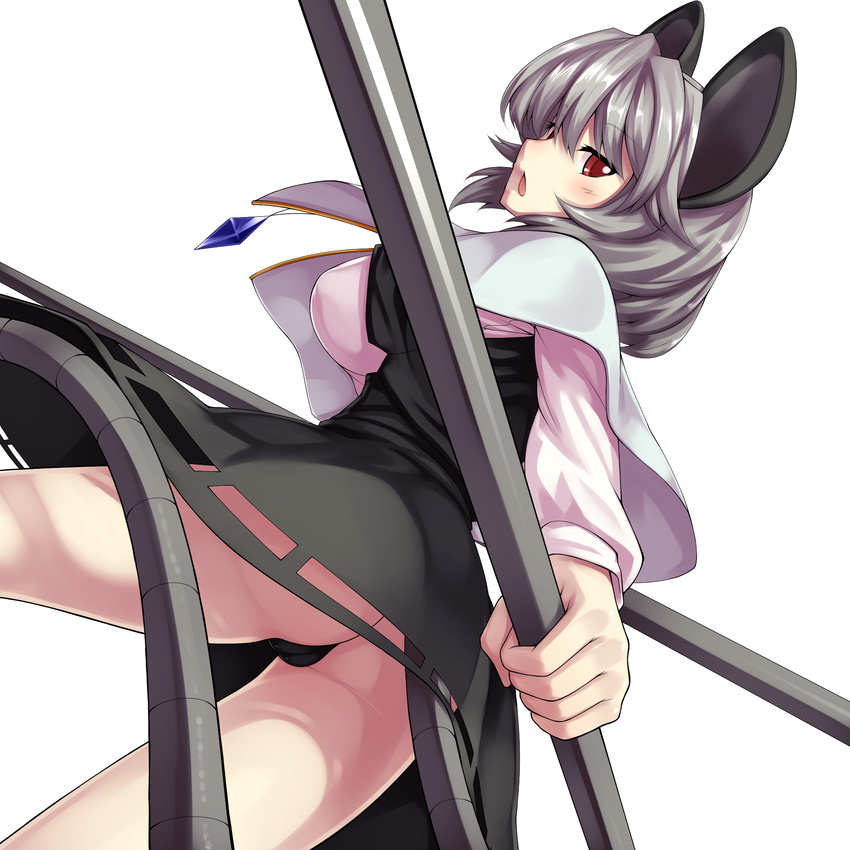 animal_ears ass black_panties blush dowsing_rod from_below grey_hair highres jewelry looking_back mouse_ears mouse_tail nazrin open_mouth panties pantyshot pendant red_eyes revision short_hair simple_background solo tail thong touhou tro underwear upskirt white_background