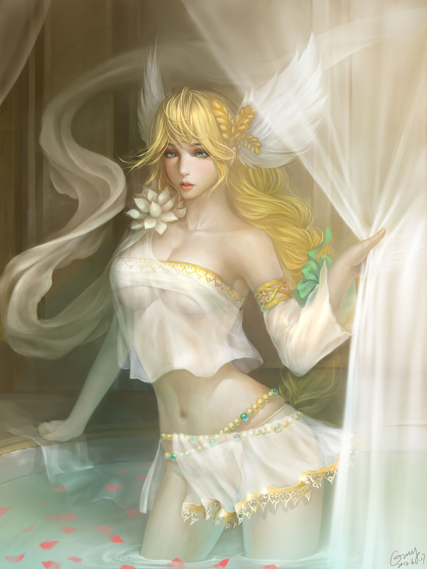bare_shoulders blonde_hair blue_eyes bracelet braid breasts cleavage crop_top crop_top_overhang dated detached_sleeves elysium feathers flower greek hair_ornament head_wings highres jewelry large_breasts lips long_hair looking_at_viewer midriff miniskirt navel nose orry parted_lips petals realistic see-through signature skindentation skirt solo soulcalibur underboob water