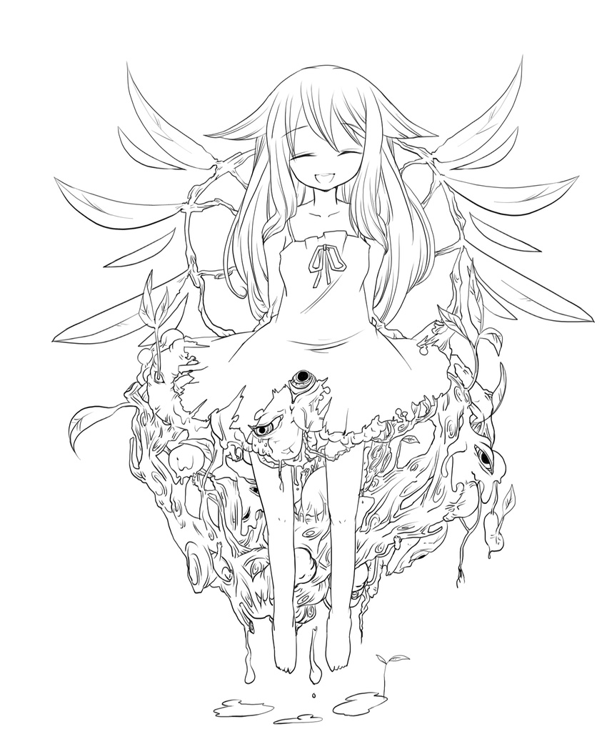 closed_eyes greyscale highres lineart long_hair monochrome saya saya_no_uta smile solo sumitaso