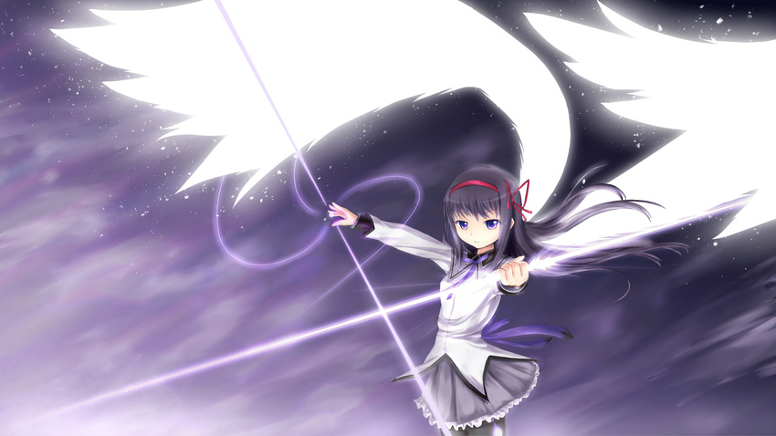 akemi_homura argyle argyle_legwear black_hair black_legwear hair_ribbon hairband highres holding large_wings long_hair mahou_shoujo_madoka_magica outstretched_arm pantyhose purple_eyes ribbon shimoku skirt solo white_wings wings