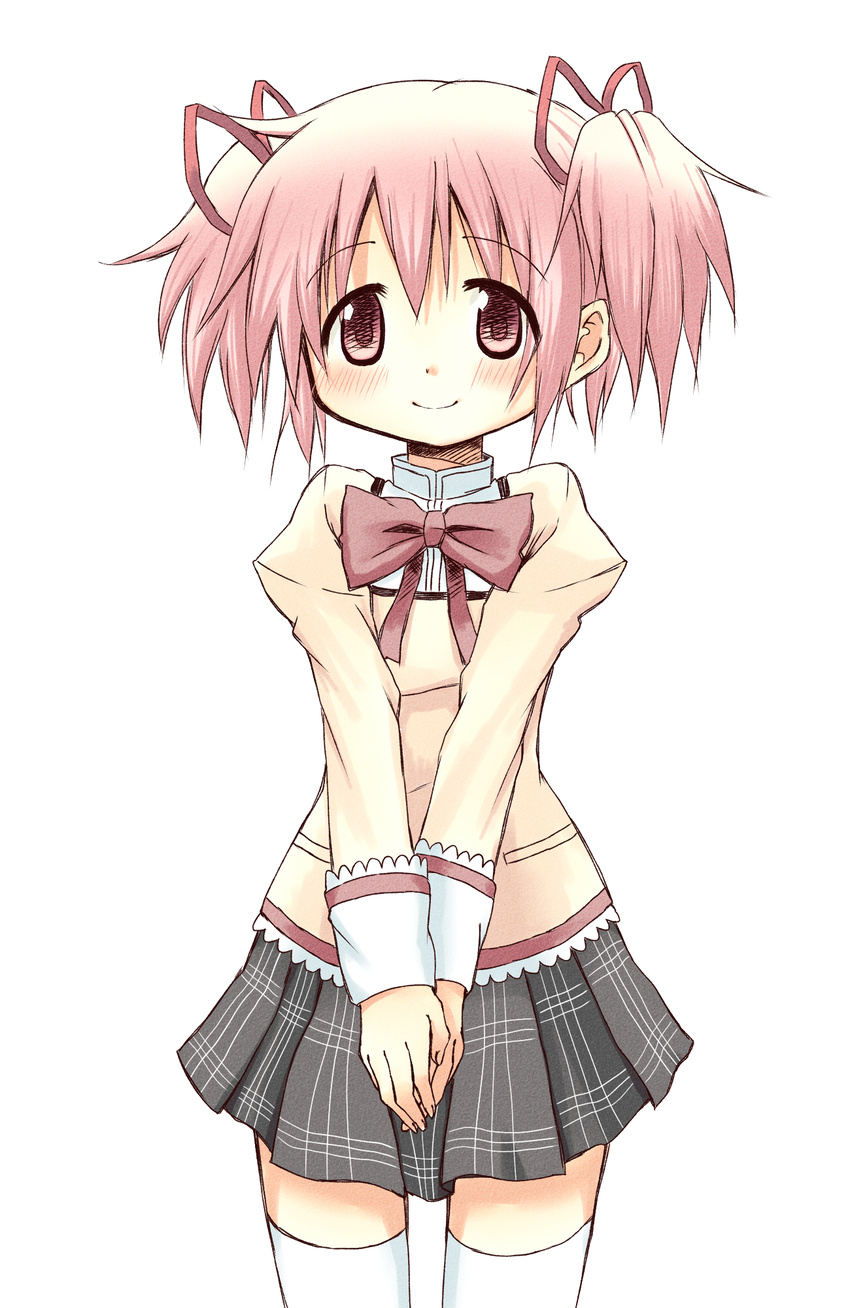 bad_id bad_pixiv_id banned_artist blush bow gonzaburou hair_ribbon highres juliet_sleeves kaname_madoka long_sleeves looking_at_viewer mahou_shoujo_madoka_magica official_style pink_eyes pink_hair pleated_skirt puffy_sleeves ribbon school_uniform shirt short_hair skirt smile solo thighhighs twintails v_arms white_legwear zettai_ryouiki