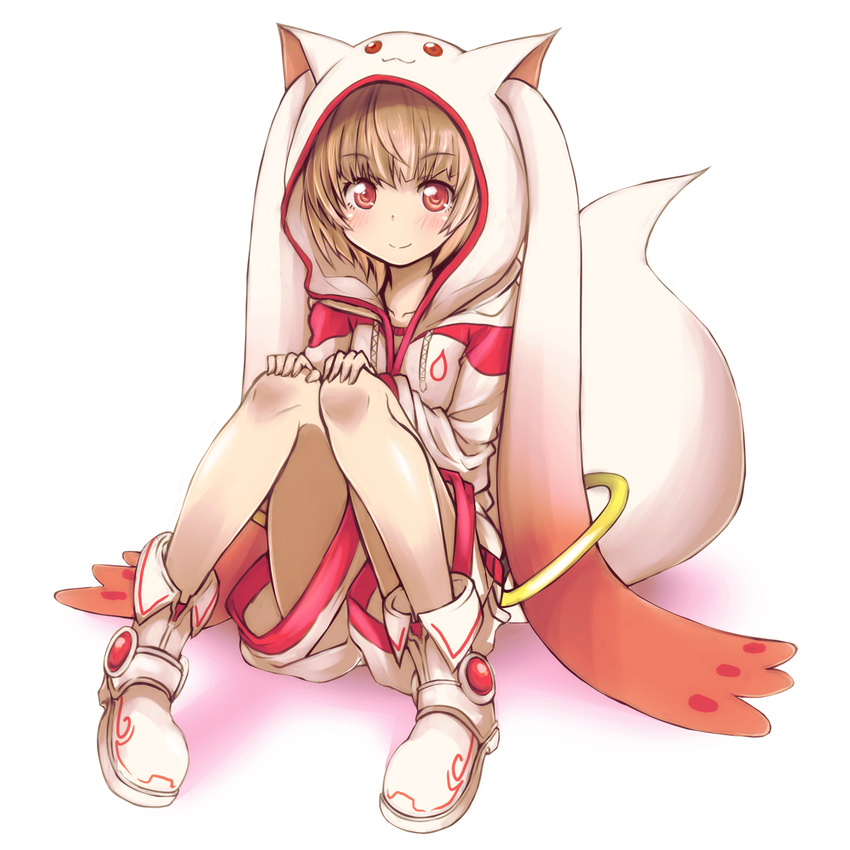 :3 androgynous animal_hat blonde_hair blush hands_on_own_knees hat highres hood hooded_jacket jacket knees_together_feet_apart kyubey looking_at_viewer mahou_shoujo_madoka_magica personification red_eyes revision shirt shorts sitting solo tom_(drpow)