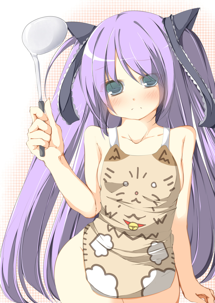 absurdres animal_print apron bad_id bad_pixiv_id blue_eyes blue_hair cat cat_print highres ladle little_busters! long_hair naked_apron purple_hair sasasegawa_sasami solo tabuchi_(tabuchisanchi) twintails