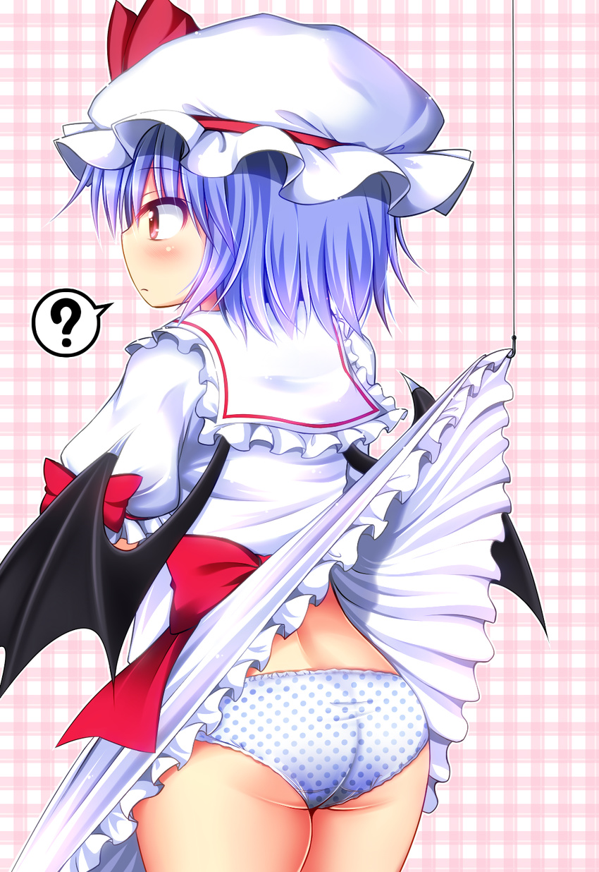 ? ass bat_wings blue_hair blush bow fishing_line hat hat_ribbon highres panties polka_dot polka_dot_panties red_eyes remilia_scarlet rena_(riries) ribbon skirt skirt_lift solo speech_bubble touhou underwear wings