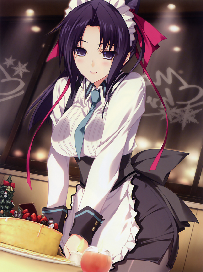 absurdres apron black_hair black_legwear blue_eyes bow breasts cake christmas food hair_bow hair_ribbon highres honjou_manami iizuki_tasuku kimi_to_issho_ni large_breasts lips long_hair maid_headdress necktie pantyhose ponytail ribbon scan smile solo