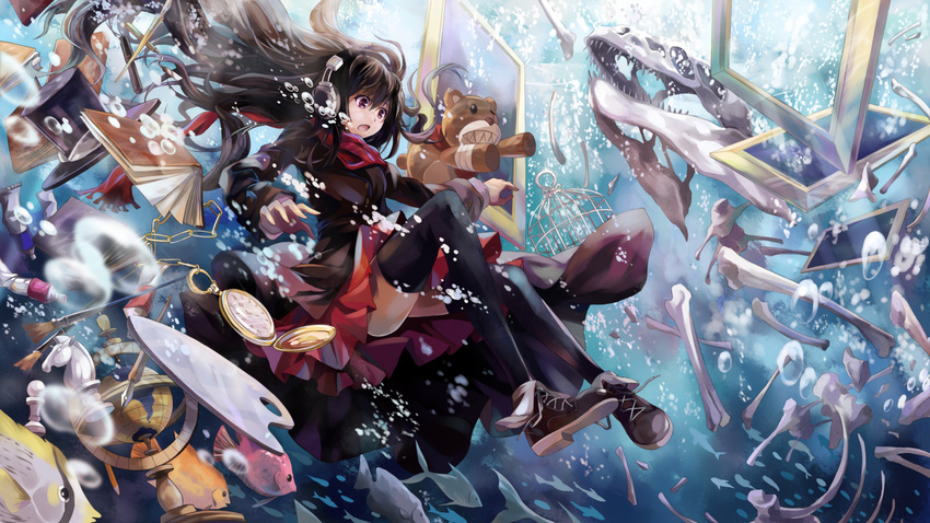 air_bubble birdcage black_hair black_legwear bone book bubble cage chess_piece fish globe hat headphones highres long_hair neko_(yanshoujie) open_book open_mouth original paintbrush skeleton skirt solo stuffed_animal stuffed_toy teddy_bear thighhighs top_hat underwater