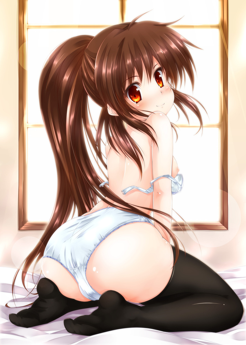ass bra breasts brown_hair from_behind fujimoto_akio highres little_busters! long_hair looking_back medium_breasts natsume_rin nipples panties ponytail red_eyes solo thighhighs unclasped underwear underwear_only white_bra white_panties