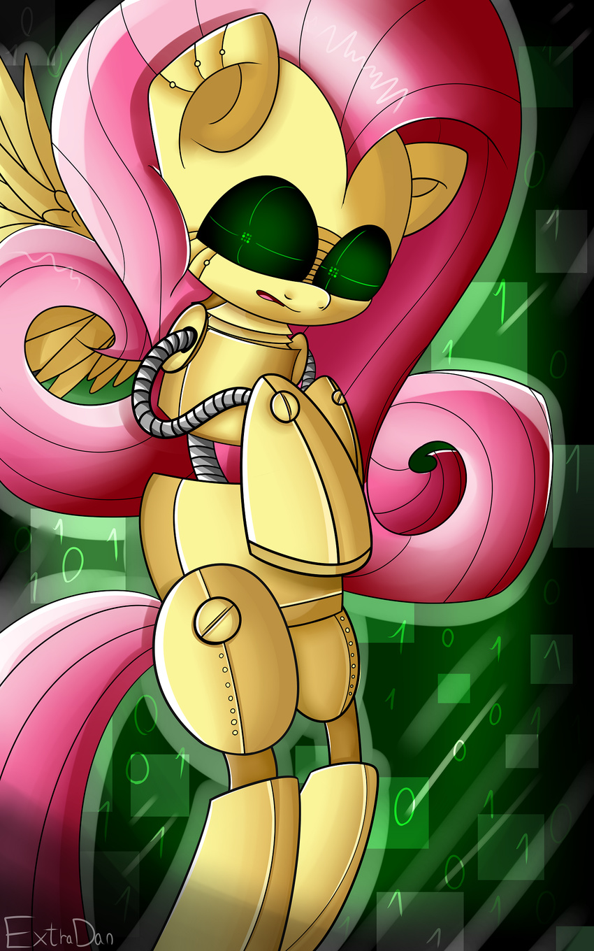 bolts cyborg equine extradan female fluttershy_(mlp) friendship_is_magic hair horse looking_at_viewer machine mammal mechanical metal my_little_pony pegasus pink_hair pony robot the_matrix wings yellow_skin