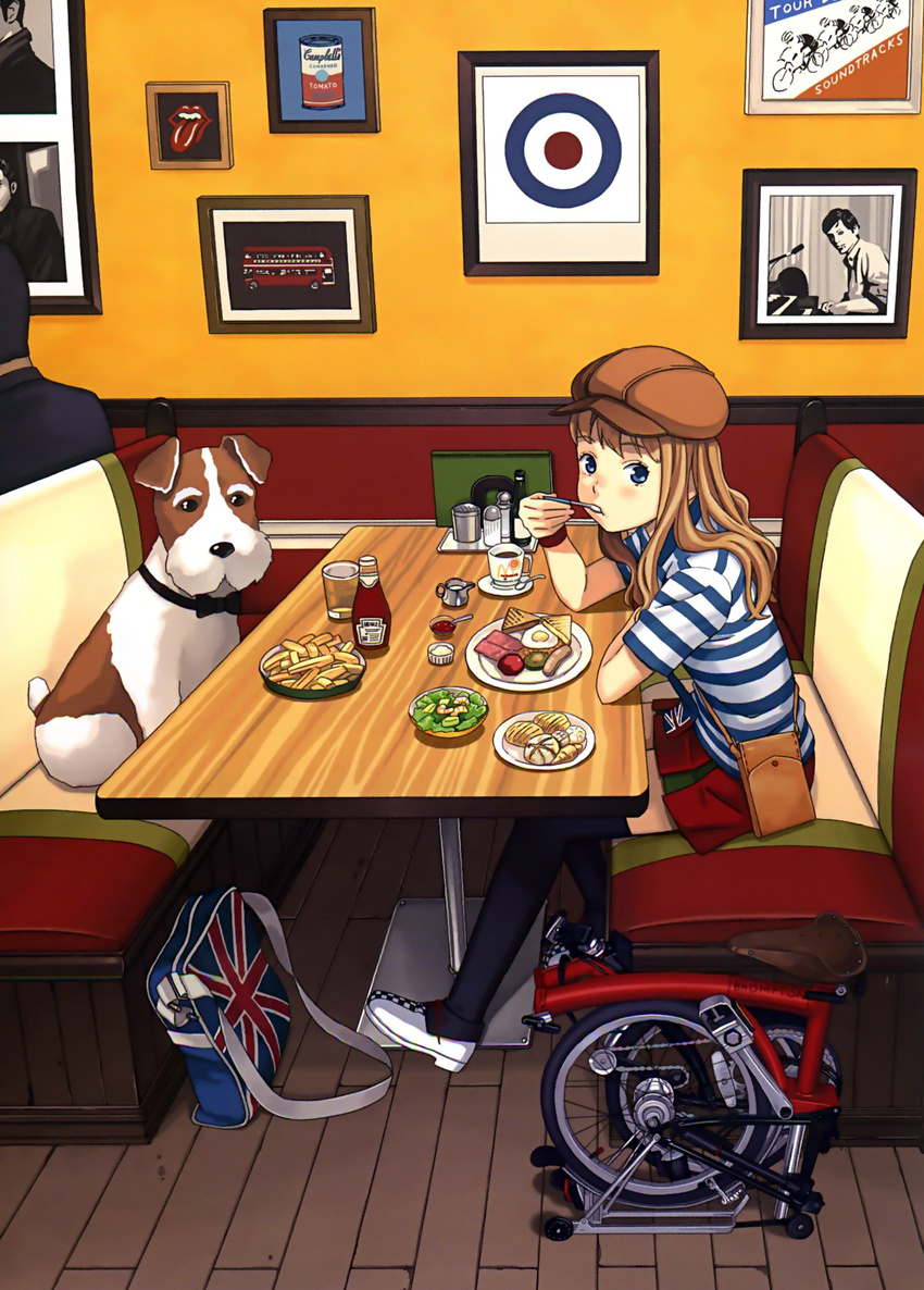 bicycle black_legwear blonde_hair blue_eyes bow bowtie cabbie_hat campbell's dog eating england folding_bicycle food ground_vehicle hat heinz highres katou_akatsuki ketchup long_hair looking_at_viewer mcdonald's original roundel scan shirt sitting skirt solo striped striped_shirt the_rolling_stones thighhighs wristband