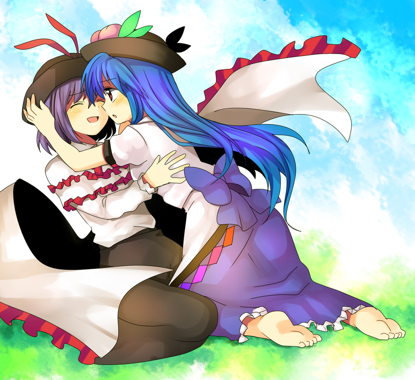 bad_id bad_pixiv_id blue_hair food fruit hat highres hinanawi_tenshi long_hair multiple_girls nagae_iku peach purple_hair ribbon short_hair smile subaru_(yachika) touhou