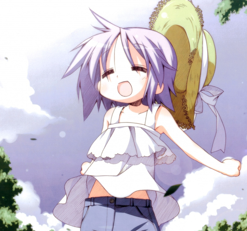 =_= armpits blouse clenched_hands closed_eyes cloud day denim denim_shorts happy hat hiiragi_tsukasa leaf lucky_star lucky_star_~ryouou_gakuen_outousai~ midriff non-web_source outdoors purple_hair short_hair shorts sky solo straw_hat wind wind_lift yoshimizu_kagami