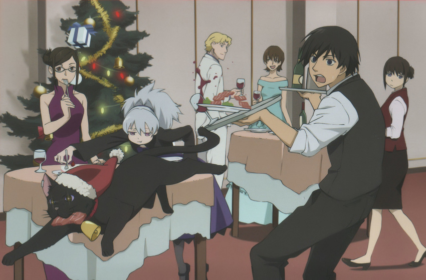 4girls alcohol artist_request bell black_cat cat character_request christmas christmas_tree darker_than_black dress drink earrings food formal gift glasses goblet grey_hair hat hei highres jewelry jitome kirihara_misaki mao_(darker_than_black) multiple_boys multiple_girls november_11 official_art ootsuka_mayu pantyhose ponytail santa_hat scan suit tray vest waiter waitress wine yin