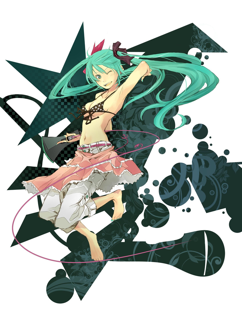 ;d absurdres aqua_nails arm_up armpits bangs barefoot bikini_top black_bikini_top black_ribbon breasts cable capri_pants front-tie_top hair_ribbon hatsune_miku highres holding_megaphone jumping long_hair looking_at_viewer medium_breasts megaphone midriff nail_polish navel one_eye_closed open_mouth pants pants_under_skirt pink_skirt print_bikini_top red_ribbon ribbon skirt smile solo star star_print textless toenail_polish twintails upper_teeth very_long_hair vocaloid white_pants world_is_mine_(vocaloid) yoshito