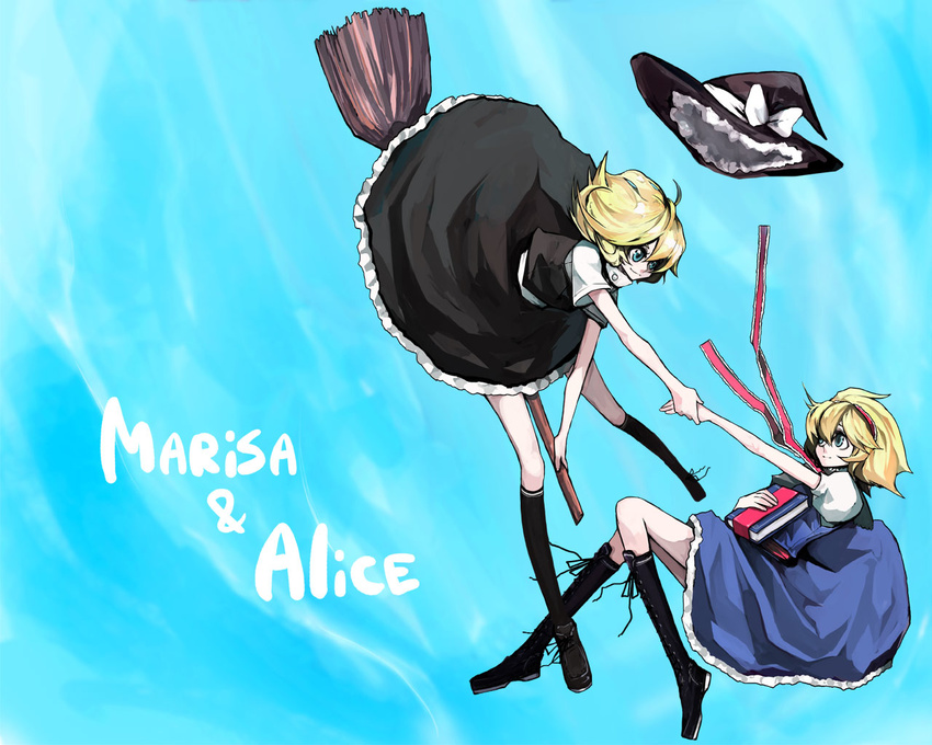alice_margatroid black_legwear blonde_hair book boots broom broom_riding flying hairband hat hat_removed headwear_removed holding_hands kirisame_marisa knee_boots kneehighs multiple_girls short_hair sky socks tima touhou witch_hat