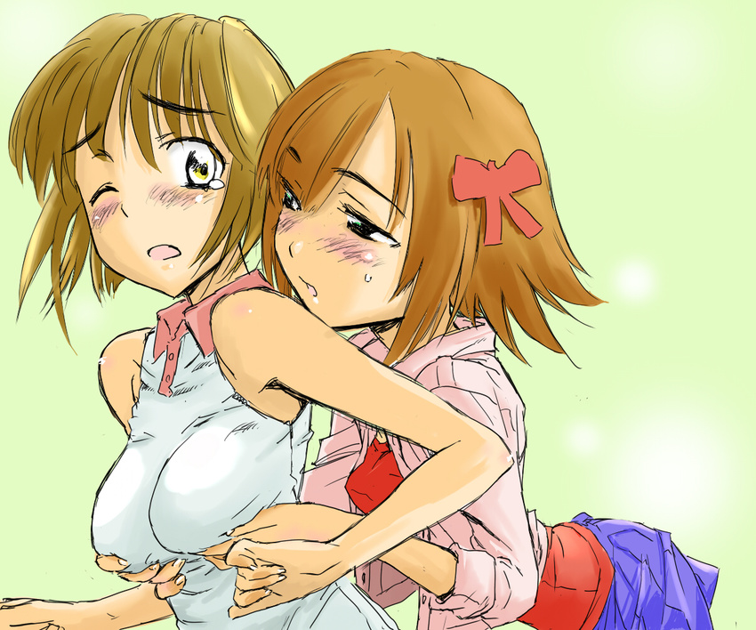 amami_haruka bare_shoulders blush breast_grab breasts brown_hair cif grabbing green_eyes hagiwara_yukiho idolmaster idolmaster_(classic) idolmaster_1 looking_back medium_breasts multiple_girls one_eye_closed ribbon short_hair skirt yellow_eyes yuri