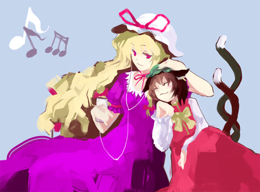 animal_ears beamed_sixteenth_notes blonde_hair brown_hair cat_ears cat_tail chen digital_media_player earphones earrings eighth_note hat ipod jewelry mosuke multiple_girls multiple_tails musical_note petting red_eyes ribbon tail touhou yakumo_yukari