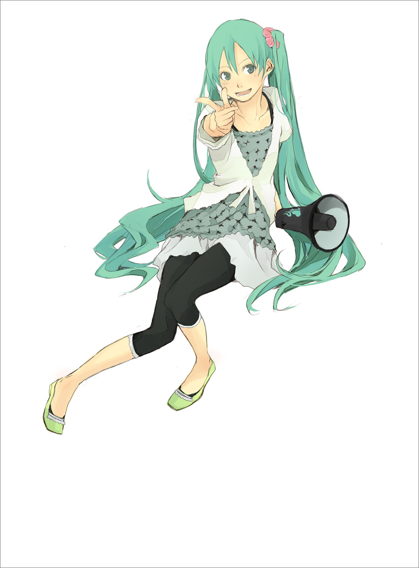 :d black_legwear blouse flats green_background green_eyes green_footwear green_hair grey_skirt hatsune_miku heart highres holding_megaphone invisible_chair jacket koi_wa_sensou_(vocaloid) leggings long_hair megaphone open_mouth pink_scrunchie pointing pointing_at_viewer scrunchie simple_background sitting skirt smile solo twintails vocaloid white_background white_jacket yoshito