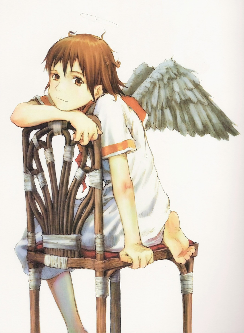 abe_yoshitoshi absurdres angel_wings barefoot brown_eyes brown_hair chair chin_rest dress feet haibane_renmei halo highres messy_hair non-web_source orange_sailor_collar rakka sailor_collar school_uniform serafuku short_hair soles solo toes wings