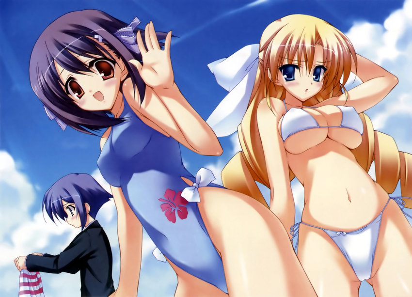 :d androgynous bangs bikini blonde_hair blue_eyes blue_hair blue_swimsuit blush bow breasts casual_one-piece_swimsuit cleavage cloud covered_nipples cowboy_shot daichi_kaoru day drill_hair dutch_angle flower from_side groin hair_ornament hair_ribbon hairclip hand_behind_head hibiscus highleg highleg_swimsuit highres holding lace ladies_versus_butlers! large_breasts long_hair long_sleeves looking_at_viewer looking_down multiple_girls munyuu navel official_art one-piece_swimsuit open_mouth outdoors parted_bangs parted_lips profile red_eyes reverse_trap ribbon saikyou_tomomi sernia_iori_flameheart short_hair side-tie_bikini sky smile string_bikini striped swimsuit twin_drills underboob very_long_hair waving white_bikini