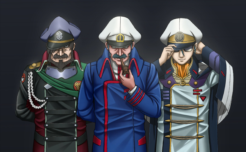 80s 90s aiguillette beard bruno_j._global choujikuu_yousai_macross facial_hair gekko glasses goggles hat holding holding_pipe jeffrey_wilder macross macross_7 macross_frontier male_focus maximilian_jenius military military_uniform multiple_boys mustache oldschool peaked_cap pipe pipe_in_mouth s.m.s. science_fiction smoking u.n._spacy uniform