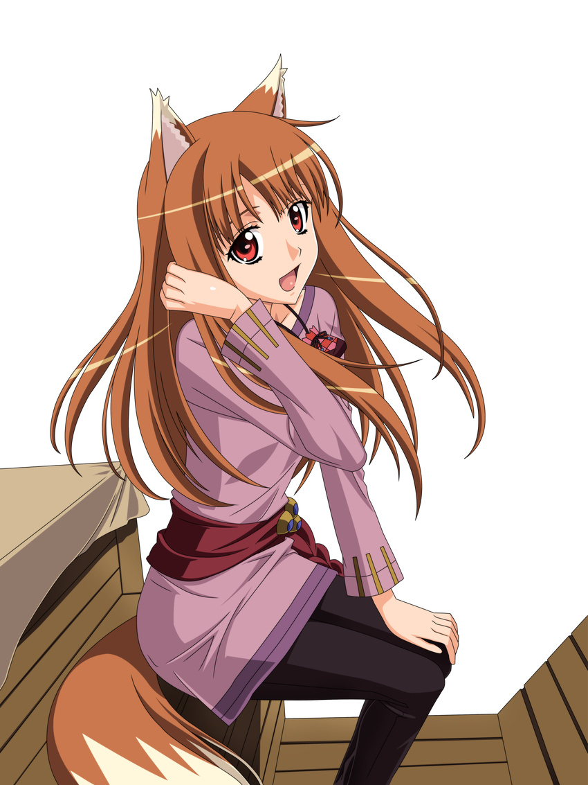 :d absurdres adjusting_hair animal_ears bag breasts brown_hair from_side ground_vehicle hand_on_own_knee happy highres holo jewelry kuroda_kazuya long_hair long_sleeves looking_at_viewer looking_back necklace official_art open_mouth pants red_eyes sash sitting small_breasts smile solo spice_and_wolf tail transparent_background tunic vector_trace wagon wolf_ears wolf_tail