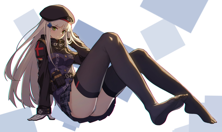 1girl ass bangs beret black_gloves black_hat blunt_bangs breasts commentary_request eyebrows_visible_through_hair facial_tattoo flag_print full_body german_flag girls_frontline gloves green_eyes hair_ornament hat highres hk416_(girls_frontline) hongchajun jacket light_rays long_hair looking_at_viewer medium_breasts miniskirt multicolored multicolored_clothes multicolored_gloves no_shoes panties plaid plaid_skirt pleated_skirt simple_background sitting skirt square tattoo teardrop thighhighs underwear white_gloves white_hair