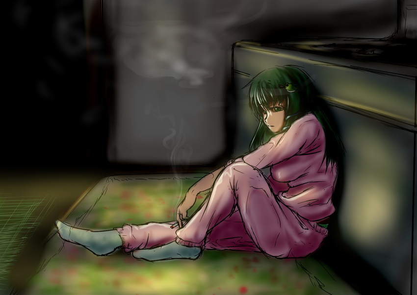 alternate_costume andou_hyuugo bad_id bad_pixiv_id cigarette frog_hair_ornament green_eyes green_hair hair_ornament kochiya_sanae long_hair sleeves_rolled_up smoke smoking solo touhou track_suit