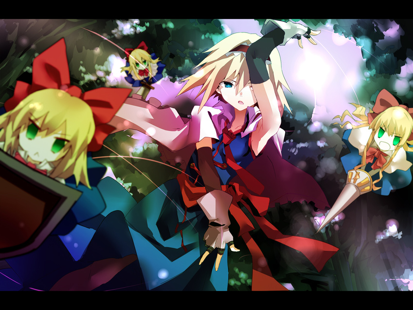 :&lt; alice_margatroid blonde_hair blue_eyes capelet doll forest gloves green_eyes hairband highres lance long_hair mephist-pheles nature open_mouth polearm shield short_hair solo sword touhou weapon