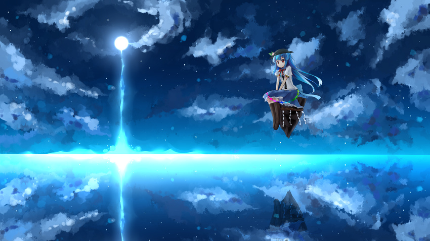 blue_hair cloud dress food fruit full_moon highres hinanawi_tenshi keystone long_hair moon night night_sky peach red_eyes reflection scenery shuizao_(little_child) sitting skirt sky smile solo touhou