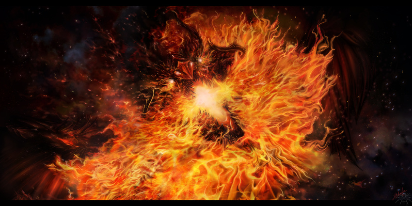 dragon embers feral fire flames flying hell horn inferno leilryu looking_at_viewer male night space stars vvlkn wings