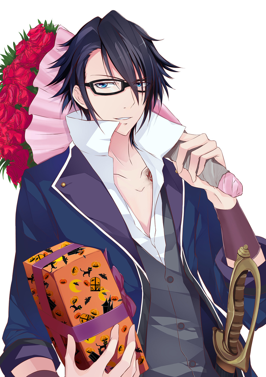 aki_ii black_hair blue_eyes bouquet box collarbone flower fushimi_saruhiko gift glasses highres k_(anime) male_focus open_clothes open_shirt popped_collar shirt solo sword weapon