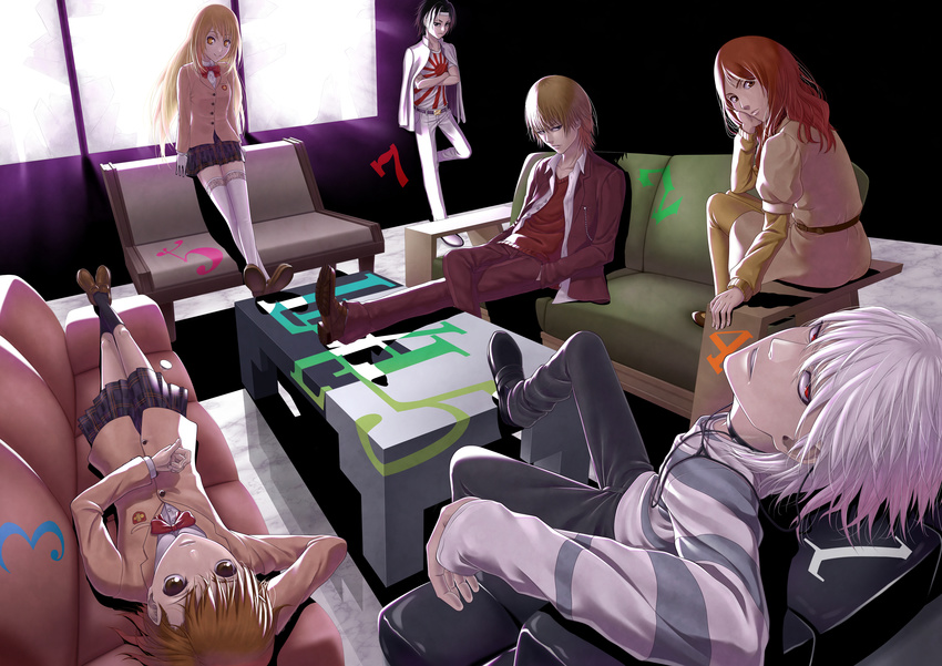 3boys 3girls absurdres accelerator bad_id bad_pixiv_id black_eyes black_hair blazer bleachist blonde_hair brown_eyes brown_hair choker coin couch dress gloves hair_ornament hairpin headband highres jacket kakine_teitoku long_hair lying misaka_mikoto mugino_shizuri multiple_boys multiple_girls pantyhose pleated_skirt red_eyes rising_sun school_uniform shokuhou_misaki sitting skirt slouching sogiita_gunha sunburst symbol-shaped_pupils thighhighs to_aru_majutsu_no_index white_gloves white_hair white_legwear window yellow_eyes