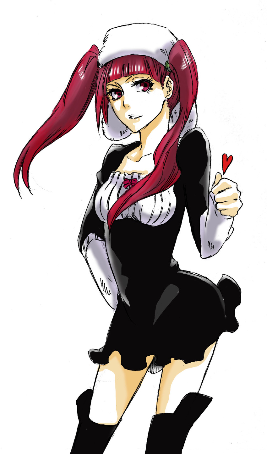 bad_id bad_pixiv_id beksy black_dress bleach boots breasts contrapposto dokugamine_riruka dress fullbringer hand_on_hip hat heart highres knee_boots medium_breasts pink_eyes pink_hair solo standing twintails