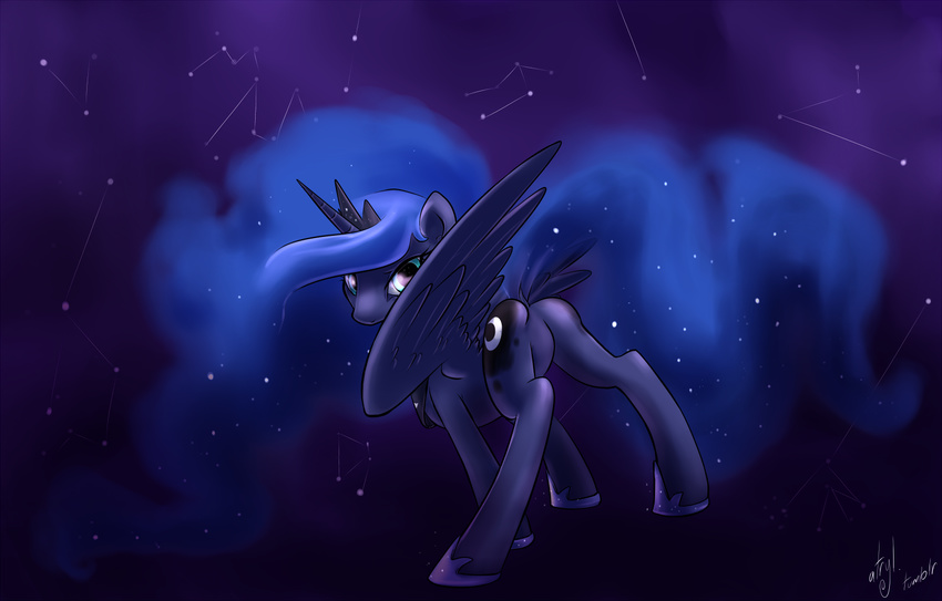 atryl blue_eyes blue_fur blue_hair butt cool_colors crown cutie_mark equine female feral friendship_is_magic fur hair horn horse long_hair looking_at_viewer looking_back mammal moon my_little_pony night pony presenting princess princess_luna_(mlp) raised_tail royalty solo spread_legs spreading winged_unicorn wings