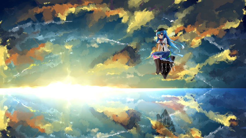 blue_hair boots cloud dress hat highres hinanawi_tenshi keystone long_hair red_eyes reflection salt_flats scenery shuizao_(little_child) sitting skirt sky smile solo sunset touhou water