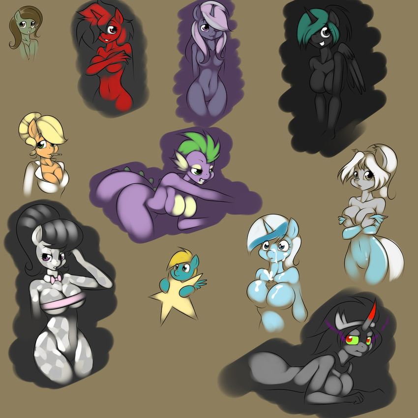 anthro anthrofied applejack_(mlp) black_fur black_hair blonde_hair blouse bottle bow_tie breasts clothing colgate_(mlp) crossgender crown crystal_pony crystal_pony_(mlp) dragon equine eye_mist female freckles friendship_is_magic fur green_eyes green_hair hair horn horse king_sombra_(mlp) kloudmutt lotion mammal my_little_pony octavia_(mlp) pencil pony purple_eyes red_eyes red_fur skinsuit spike_(mlp) star two_tone_hair unicorn winged_unicorn wings