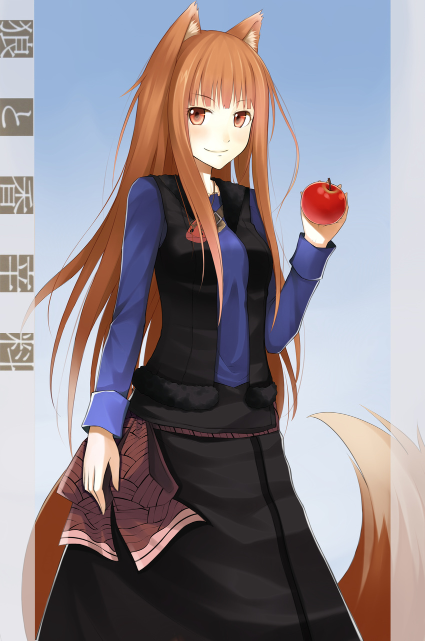 absurdres animal_ears apple bad_id bad_pixiv_id brown_hair food fruit highres holding holo long_hair looking_at_viewer mushroom_(artist) red_eyes smile solo spice_and_wolf tail wolf_ears wolf_tail