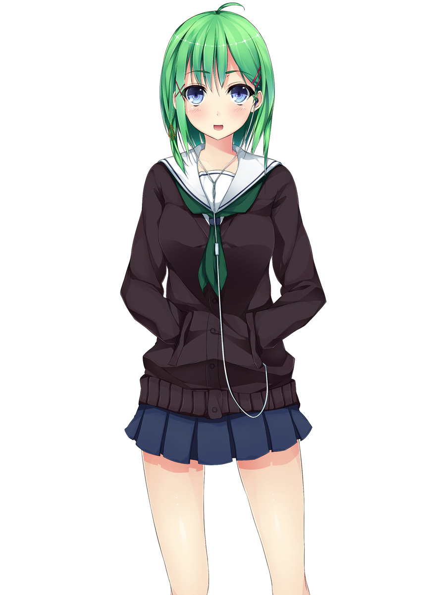 :d ahoge aki_ii bangs blue_eyes blue_skirt blush breasts buttons cardigan collarbone earbuds earphones eyebrows_visible_through_hair green_hair green_neckwear hair_ornament hairclip hands_in_pockets highres long_sleeves looking_at_viewer medium_breasts neckerchief open_mouth original pleated_skirt school_uniform shiny shiny_skin simple_background skirt smile solo white_background x_hair_ornament