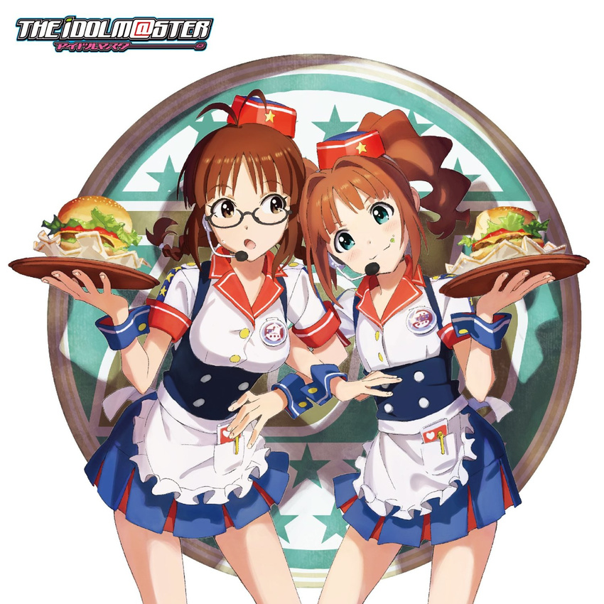 akizuki_ritsuko album_cover antennae apron brown_hair burger_skater_(idolmaster) cover food glasses hair_intakes hamburger hat headset highres idolmaster idolmaster_(classic) locked_arms matsuo_yuusuke multiple_girls open_mouth takatsuki_yayoi twintails