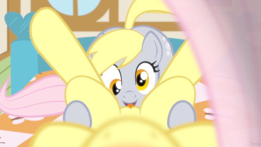 amber_eyes bed blonde_hair cunnilingus cutie_mark derpy_hooves_(mlp) duo equine female female_pov feral first_person_view fluttershy_(mlp) friendship_is_magic hair horse jepso lesbian licking looking_at_viewer mammal my_little_pony oral oral_sex pony pussy sex tongue vaginal