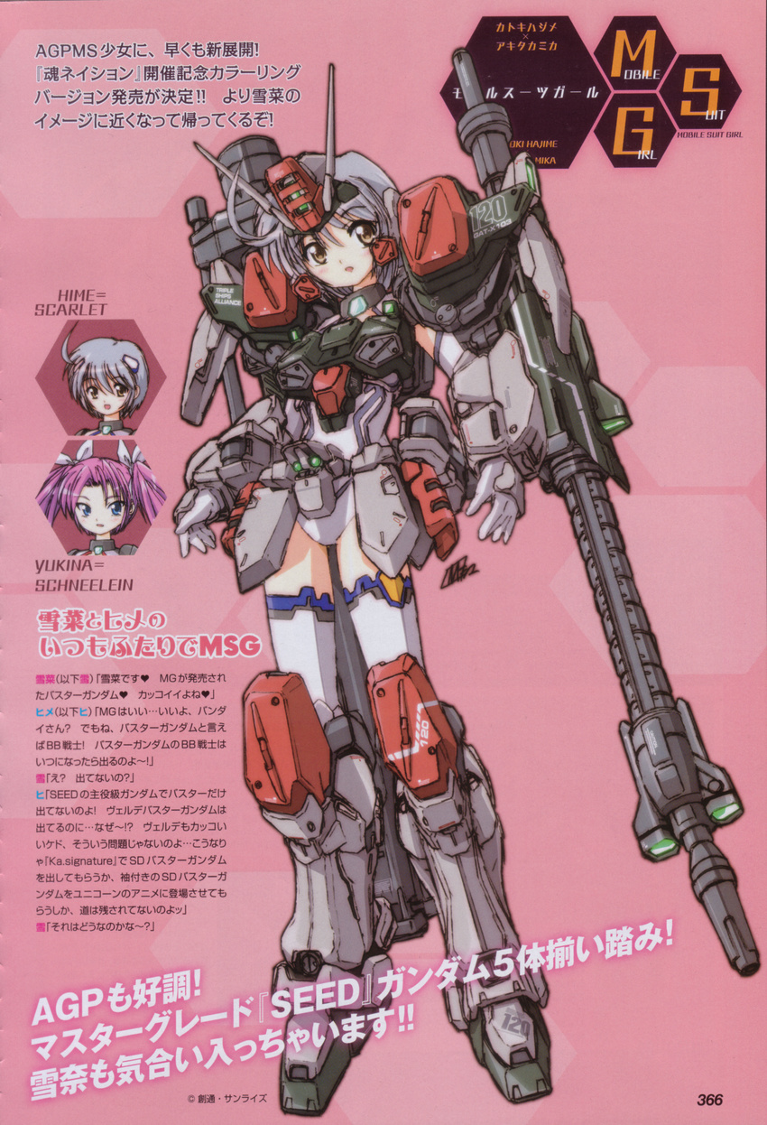 absurdres akitaka_mika armor buster_gundam cannon collaboration grey_hair gundam gundam_girl gundam_seed highres katoki_hajime mecha_musume thighhighs white_legwear