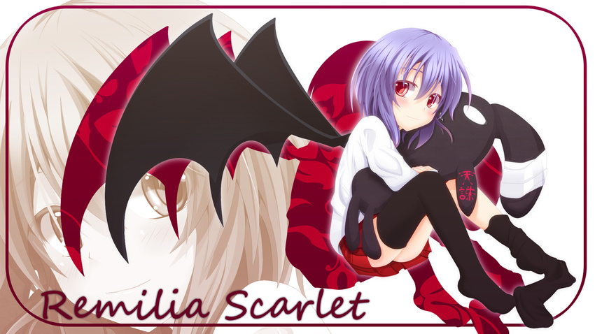 alternate_costume bat_wings black_legwear blue_hair blush character_name ghost_okada looking_at_viewer no_hat no_headwear red_eyes remilia_scarlet smile solo stuffed_animal stuffed_bunny stuffed_toy thighhighs touhou wings zoom_layer