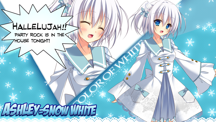 ashley_snow_white_isurugi blue_eyes color_of_white fang hyperiyon seifuku tagme_(artist) white_hair