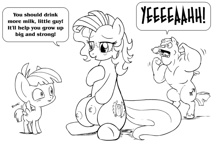 big_breasts black_and_white blush breasts bulk_biceps_(mlp) cub cutie_mark english_text equine featherweight_(mlp) female feral friendship_is_magic group horse line_art male mammal milky_way_(character) monochrome my_little_pony nipples pegasus plain_background pony roid_rage_(mlp) teats text unknown_artist white_background wing_boner wings young
