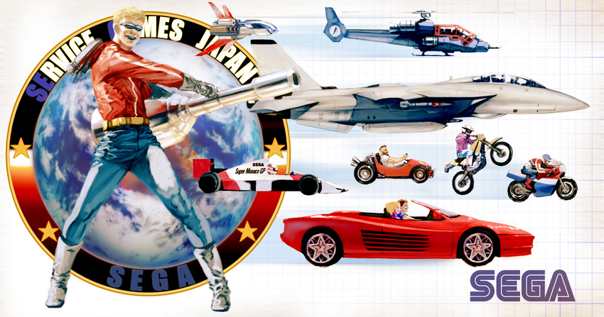 6+boys 80s after_burner_(video_game) aircraft airplane belt blonde_hair boots brown_hair cannon car company_name dirtbike earth enduro_racer energy_gun f-14_tomcat ferrari ferrari_testarossa flying formula_one galaxy_force game_console glasses gloves grid ground_vehicle hang-on harrier_(character) helicopter highres jet jetpack knee_boots logo missile mohawk motor_vehicle motorcycle multiple_boys oggy oldschool out_run planet power_drift racing realistic science_fiction sega sega_master_system sega_mega_drive short_hair space_craft space_harrier starfighter sunglasses super_monaco_gp thunder_blade try-z uniform weapon
