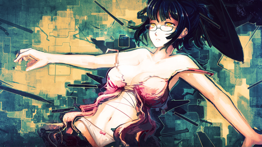 bad_id bad_pixiv_id bare_shoulders black_hair breasts glasses hair_ornament highres large_breasts navel no_bra off_shoulder original saimon_ma solo strap_slip yellow_eyes