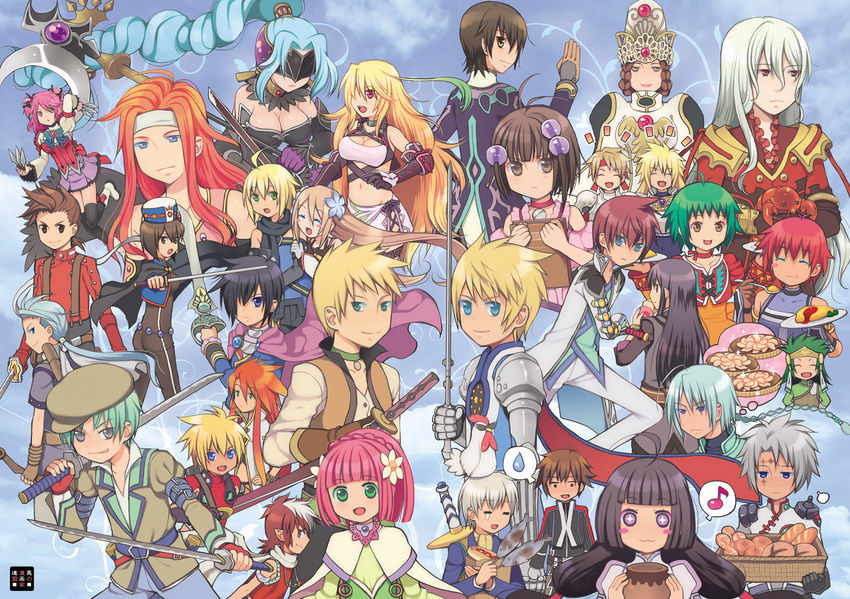 6+boys 6+girls :3 absolutely_everyone ahoge albino aqua_eyes armband armor asbel_lhant bag basket beret bird black_hair black_legwear blonde_hair blue_background blue_eyes blue_hair bodysuit braid bread breasts brown_eyes brown_hair caius_qualls cape cheria_barnes chester_barklight chicken chloe_valens choker cleavage cless_alvein closed_eyes colored_eyelashes crab cropped_jacket crown dagger detached_sleeves dress duke_pantarei elraine_(tales) emil_castagnier everyone expressionless farah_oersted fingerless_gloves fish flower flynn_scifo food gloves gradient_hair green_choker green_eyes green_hair grey_eyes grin grocery_bag guy_cecil hair_flower hair_ornament hair_over_one_eye hairpin hat headband highres hot_dog jude_mathis kohak_hearts kurarin kyle_dunamis large_breasts leon_magnus lloyd_irving long_hair low-tied_long_hair luke_fon_fabre marta_lualdi mask midriff milla_maxwell multicolored_hair multiple_boys multiple_girls musical_note navel no_nose omelet pie pink_hair pointy_ears ponytail pudding purple_dress purple_eyes reala red_eyes red_hair rid_hershel rubia_natwick ruca_milda schwartz senel_coolidge shing_meteoryte shoes shopping_bag short_hair single_braid skirt smile spada_belforma spiked_hair stahn_aileron surcoat sweatdrop sword tales_of_(series) tales_of_destiny tales_of_destiny_2 tales_of_eternia tales_of_graces tales_of_hearts tales_of_innocence tales_of_legendia tales_of_phantasia tales_of_rebirth tales_of_symphonia tales_of_symphonia_knight_of_ratatosk tales_of_the_abyss tales_of_the_tempest tales_of_vesperia tales_of_xillia tears thighhighs thought_bubble two-tone_hair two_side_up tytree_crowe veigue_lungberg very_short_hair weapon white_hair yuri_lowell zelos_wilder