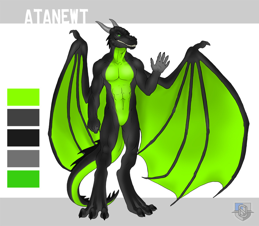 anthro atanewt biceps black_skin claws dragon fangs featureless_crotch front green_eyes green_skin horn invalid_color looking_at_viewer male model_sheet muscles nude pecs pose scales scalie solo standing toe_claws vallhund waving wings
